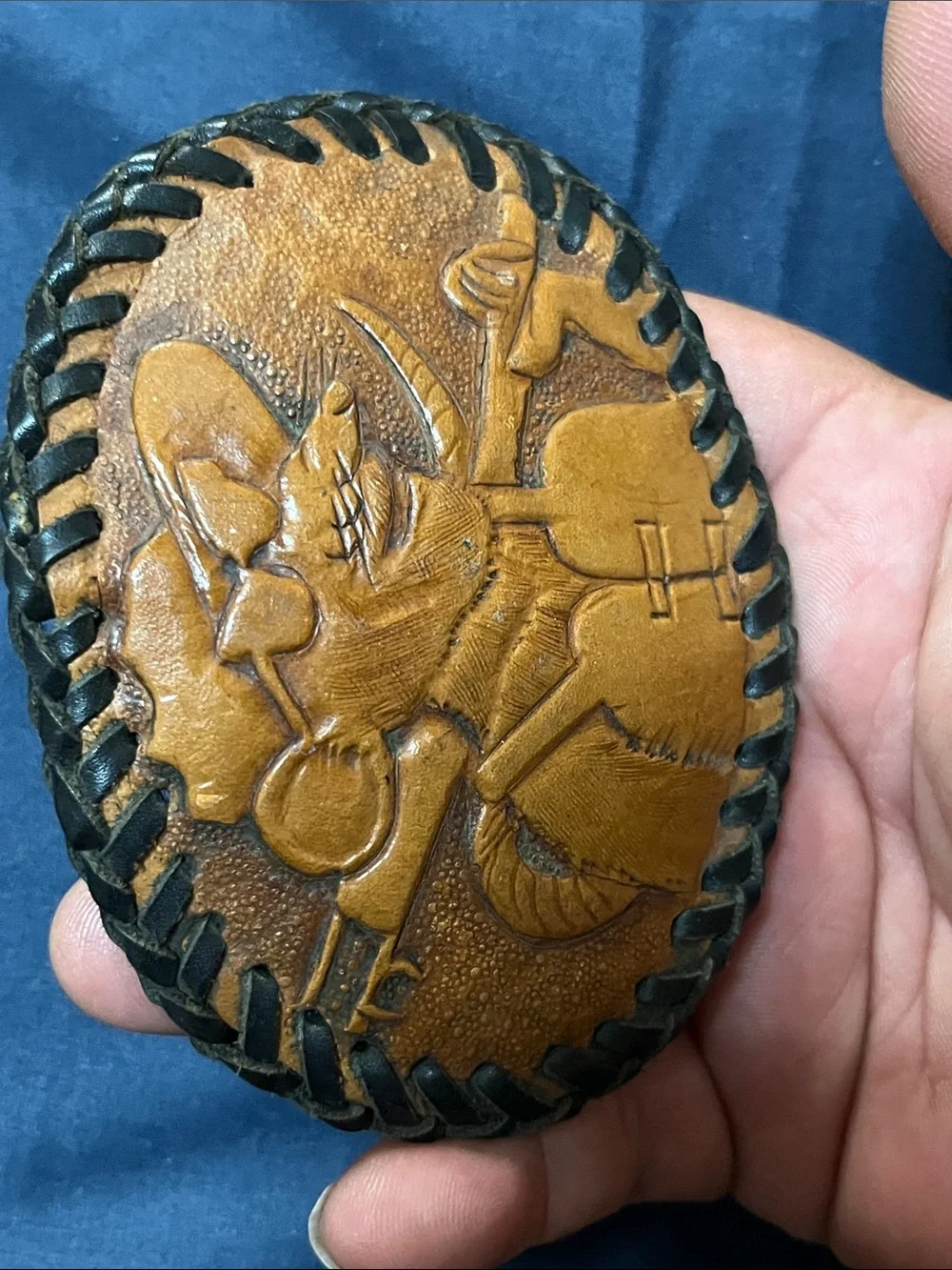 Vintage Two-Tone Brown Leather Western Belt Buckle with Black Braid